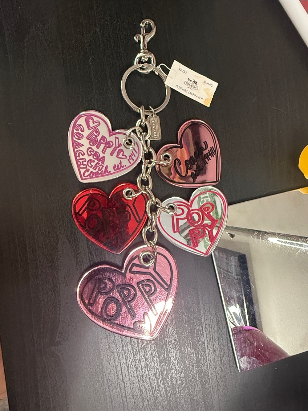 Coach Poppy RARE Multi-Heart Mirrored Charm Keychain in Pink, Red & Metallic